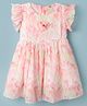 Dew Drops Cotton Woven Frill Sleeves Floral Printed Frock with Applique - Peach