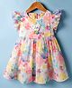 Dew Drops Cotton Woven Frill Sleeves Frock With Floral Print & Butterfly Applique - Pink