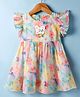 Dew Drops Cotton Woven Frill Sleeves Frock With Floral Print & Butterfly Applique - Peach