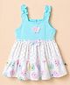Dew Drops Cotton Woven Sleeveless Frock With Polka Dot, Teddy Bear Print & Floral Applique - Aqua Blue