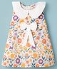 Dew Drops Cotton Woven Sleeveless Floral Printed A Line Peter Pan Collared Frock with Bow Applique - Peach