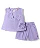 Dew Drops Cotton Woven Sleeveless Top & Shorts Set With Floral Applique & Checks - Purple