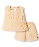 Dew Drops Cotton Woven Sleeveless Top & Shorts Set With Floral Applique & Checks - Peach