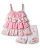 Dew Drops Cotton Woven Sleeveless Layered top & Shorts Set Floral Print - Pink