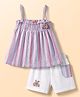 Dew Drops Cotton Woven Sleeveless Striped Top & Shorts Set With Applique - Peach & Lilac