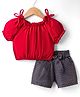 Dew Drops Cotton Woven Half Sleeves Solid Top & Checked Shorts Set - Red