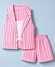 Dew Drops Cotton Woven Sleeveless Striped Top & Shorts Set with Jacket - Pink