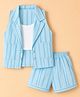 Dew Drops Cotton Woven Sleeveless Striped Top & Shorts Set with Jacket - Light Blue