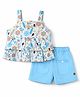 Dew Drops Cotton Woven Sleeveless Top & Shorts Set with Floral Print - Light Blue