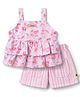 Dew Drops Cotton Woven Sleeveless Tropical Theme Printed & Striped Top & Shorts Set - Peach