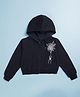 Kiddopanti Cotton Fleece Knit Full Sleeves Stone Embellished Spider Web Printed Light Winter Hooded Jacket - Navy Blue