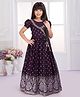 Tiny Kingdom Woven Half Puffed Sleeves Abstract Printed Stones Embellished Gown - Wine