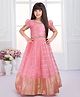 Tiny Kingdom Woven Half Puffed Sleeves Striped Floral Applique Detailed Gown - Pink