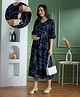 NIGHTSPREE Viscose Rayon Woven Three Fourth Sleeves Abstract Printed Maternity Dress With Side Zipper Nursing Access - Navy Blue