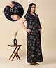 NIGHTSPREE Cotton Woven Half Sleeves Leaf Printed Maternity Night Gown With Side Zipper Nursing Access - Black