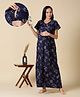 NIGHTSPREE Cotton Woven Half Sleeves Leaf Printed Maternity Night Gown With Side Zipper Nursing Access - Navy Blue