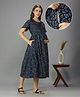 NIGHTSPREE Cotton Woven Half Sleeves Floral Printed Maternity Dress With Side Zipper Nursing Access - Navy Blue
