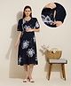 NIGHTSPREE Viscose Rayon Woven Half Sleeves Floral Printed Maternity Dress With Side Zipper Nursing Access - Navy Blue