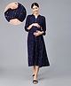NIGHTSPREE Rayon Woven Three Fourth Sleeves Heart Printed Maternity Dress With Side Zipper Nursing Access -Navy Blue