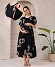 NIGHTSPREE Rayon Woven Half Sleeves Abstract Printed Maternity Dress With Side Zipper Nursing Access - Black