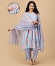 The Mom Store Cotton Woven Three Fourth Sleeves Floral Printed Maternity Kurta With Nursing Access & Pant With Dupatta Set - Blue