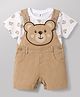 ToffyHouse Sinker Woven Half Sleeves Bear Printed Dungaree Set With Applique - Light Brown