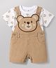 ToffyHouse Sinker Woven Half Sleeves Bear Printed Dungaree Set With Applique - Light Brown