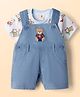 ToffyHouse Sinker Woven Knit Dungaree & Half Sleeves T-Shirt With Bear Print - Blue