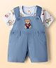 ToffyHouse Sinker Woven Knit Dungaree & Half Sleeves T-Shirt With Bear Print - Blue