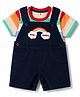 ToffyHouse Sinker Knit Half Sleeves Striped & Embroidered Dungaree With Inner Tee - Navy Blue