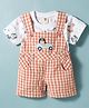 ToffyHouse Sinker Woven Half Sleeves T-Shirt & Checkered Dungaree with  Bear Print & Embroidery - Orange