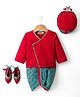 Exclusive from Jaipur Cotton Woven Full Sleeves Striped Kurta Dhorti Set with Booties & Cap - Red & Teal Blue