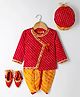 Exclusive from Jaipur Cotton Woven Full Sleeves Striped Kurta Dhoti Set with Cap & Booties Set - Red