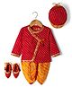 Exclusive from Jaipur Cotton Woven Full Sleeves Striped Kurta Dhoti Set with Cap & Booties Set - Red & Mustard