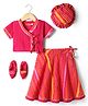 Exclusive from Jaipur Cotton Woven Half Sleeves Striped Choli & Lehenga Set With Cap & Booties - Dark Pink