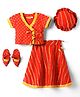 Exclusive from Jaipur Cotton Woven Half Sleeves Printed  Choli Lehenga Set With Cap & Booties - Red & Mustard