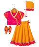 Exclusive from Jaipur Cotton Woven Half Sleeves Printed Lehenga Choli Set With Mojaris Cap & Lace Detailing - Rani & Orange