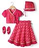 Exclusive from Jaipur Cotton Woven Half Sleeves Bandhani & Floral Printed Choli & Lehenga Set With Cap & Booties - Dark Pink