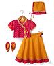 Exclusive from Jaipur Cotton Woven Half Sleeves Foil Printed Choli & Lehenga Set With Cap & Booties - Dark Pink