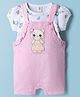 ToffyHouse Sinker Woven Knit Checks Dungaree Style Romper & T-Shirt With Floral Print & Kitten Embroidery - Pink
