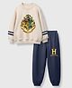 Nap Chief Cotton Blend Knit Warner Bros Featuring Full Sleeves Harry Potter Hogwarts Printed Winter Sweatshirt & Joggers Set - Off White