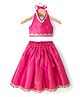 Saka Designs Cotton Woven Sleeveless Backless Halter Neck Choli & Lehenga With Foil Print & Lace Detailing - Dark Pink