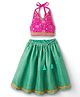 Saka Designs Cotton Woven Sleeveless Floral Foil Printed Backless & Halter Neck Choli Lehenga Set With Lace Detailing - Dark Pink & Green