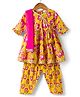 Saka Designs Cotton Woven Three Fourth Sleeves Kurta & Churidar With Dupatta & Floral Print - Mustard