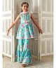 Pspeaches Cotton Woven Sleeveless Floral Printed Kurti Sharara Set With Dupatta  - Blue
