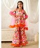 Pspeaches Muslin Woven Sleeveless Floral Printed Kurti & Sharara With Dupatta Set - Orange