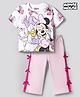 Bonfino Disney Terry Knit Half Sleeves Oversized Drop Shoulder  T-Shirt & Lounge Pant Set With Bow Detailing & Minnie & Daisy Print - White & Pink