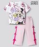 Bonfino Disney Terry Knit Half Sleeves Oversized Drop Shoulder  T-Shirt & Lounge Pant Set With Bow Detailing & Minnie & Daisy Print - White & Pink