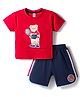 ToffyHouse Interlock Knit Half Sleeves T-Shirt & Shorts Set With Teddy Bear Print - Red