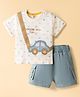 ToffyHouse Interlock Knit Half Sleeves T-Shirt & Shorts Set with Car Print & Patch - Off White